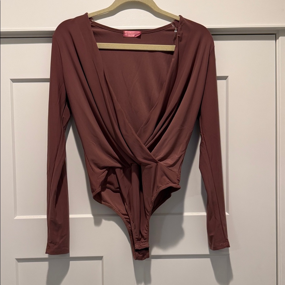 Long-Sleeve Dusty Mauve Wrap Bodysuit - Women Tops
